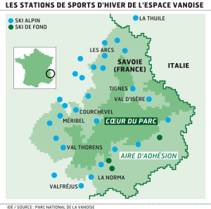 Carte géographique des stations de ski dans le Parc de la Vanoise. Deux zones sont identifiées : le cœur du Parc (au centre de la carte) et les aires d'adhésion (le contour). La carte identifie les stations de ski alpin et de fond.